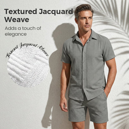 🥳2026 HOT SALE🥳💞50K+ SOLD!💥50% OFF! Men's Jacquard Shirt & Shorts Set – Easy-fit comfort for warm days! Breathable fabric, no ironing needed. Perfect for garden or seaside.