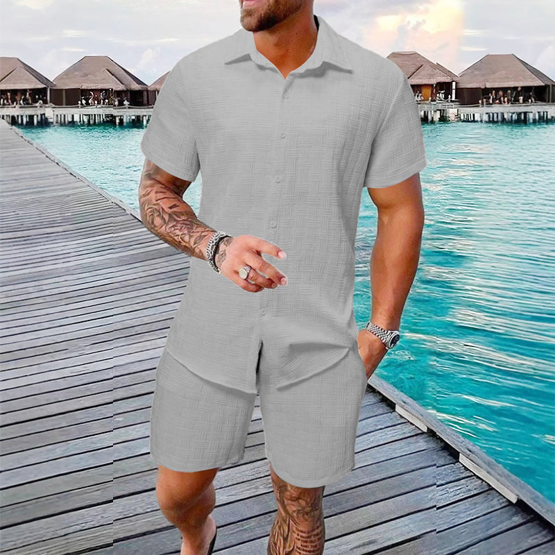 🥳2026 HOT SALE🥳💞50K+ SOLD!💥50% OFF! Men's Jacquard Shirt & Shorts Set – Easy-fit comfort for warm days! Breathable fabric, no ironing needed. Perfect for garden or seaside.