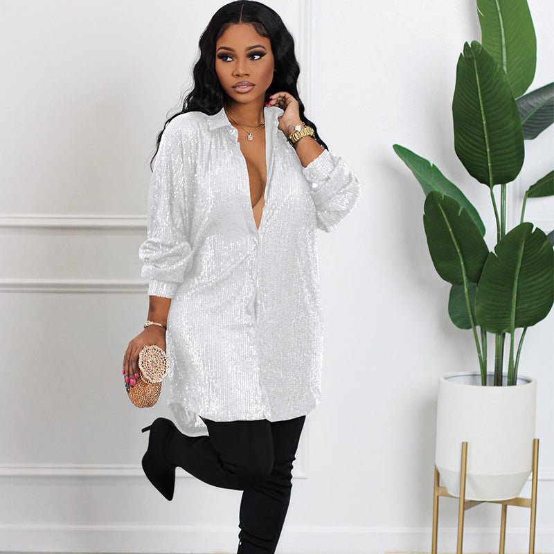 📢📢50% OFF !!!⏰Women's Shiny Sequins Mid-Length Shirt