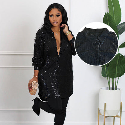📢📢50% OFF !!!⏰Women's Shiny Sequins Mid-Length Shirt