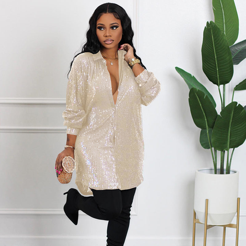 📢📢50% OFF !!!⏰Women's Shiny Sequins Mid-Length Shirt