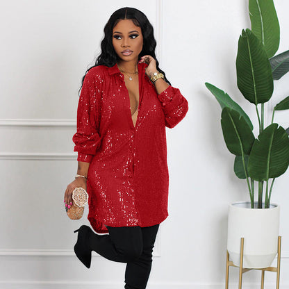 📢📢50% OFF !!!⏰Women's Shiny Sequins Mid-Length Shirt