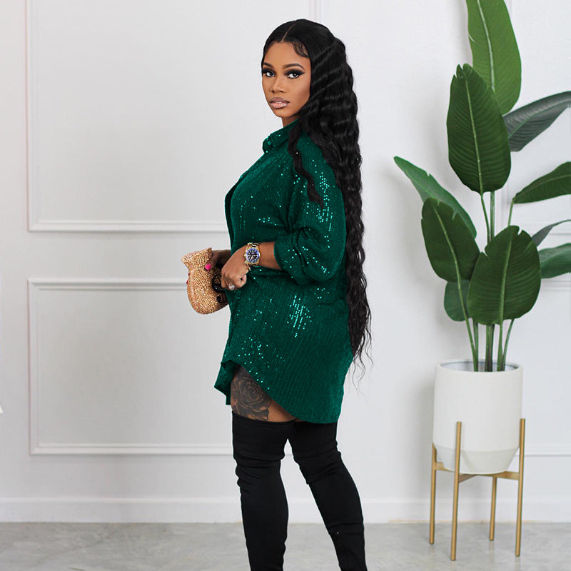 📢📢50% OFF !!!⏰Women's Shiny Sequins Mid-Length Shirt