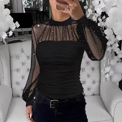 Faux Pearl Embellished Sheer Mesh Top with Lantern Sleeve