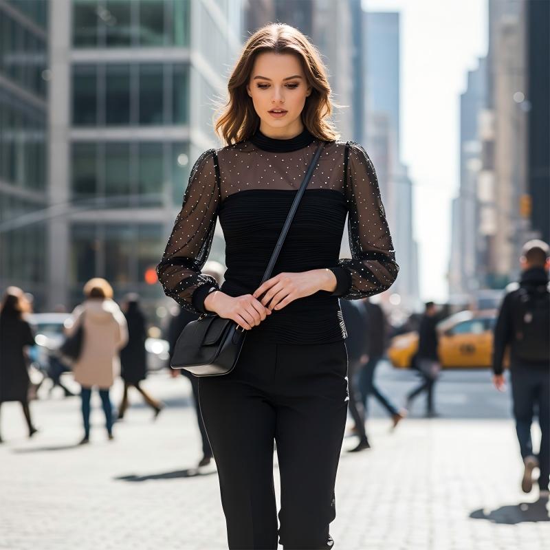 Faux Pearl Embellished Sheer Mesh Top with Lantern Sleeve