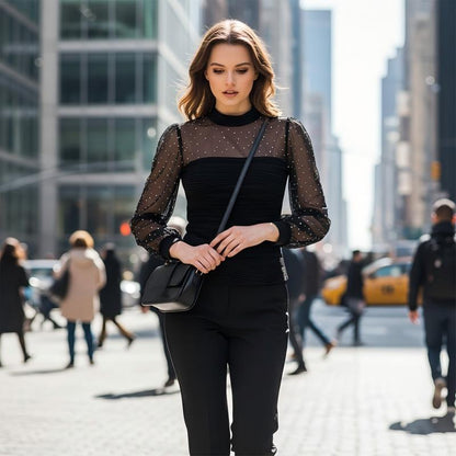 Faux Pearl Embellished Sheer Mesh Top with Lantern Sleeve