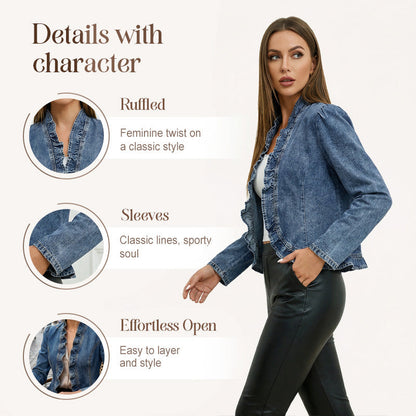 🧥 Women's Ruffle Trim Open-Front Denim Jacket – Lightweight, feminine & versatile – chic for any outfit