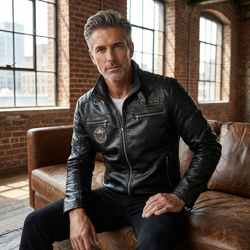 Men's Lined Faux Leather Biker Jacket