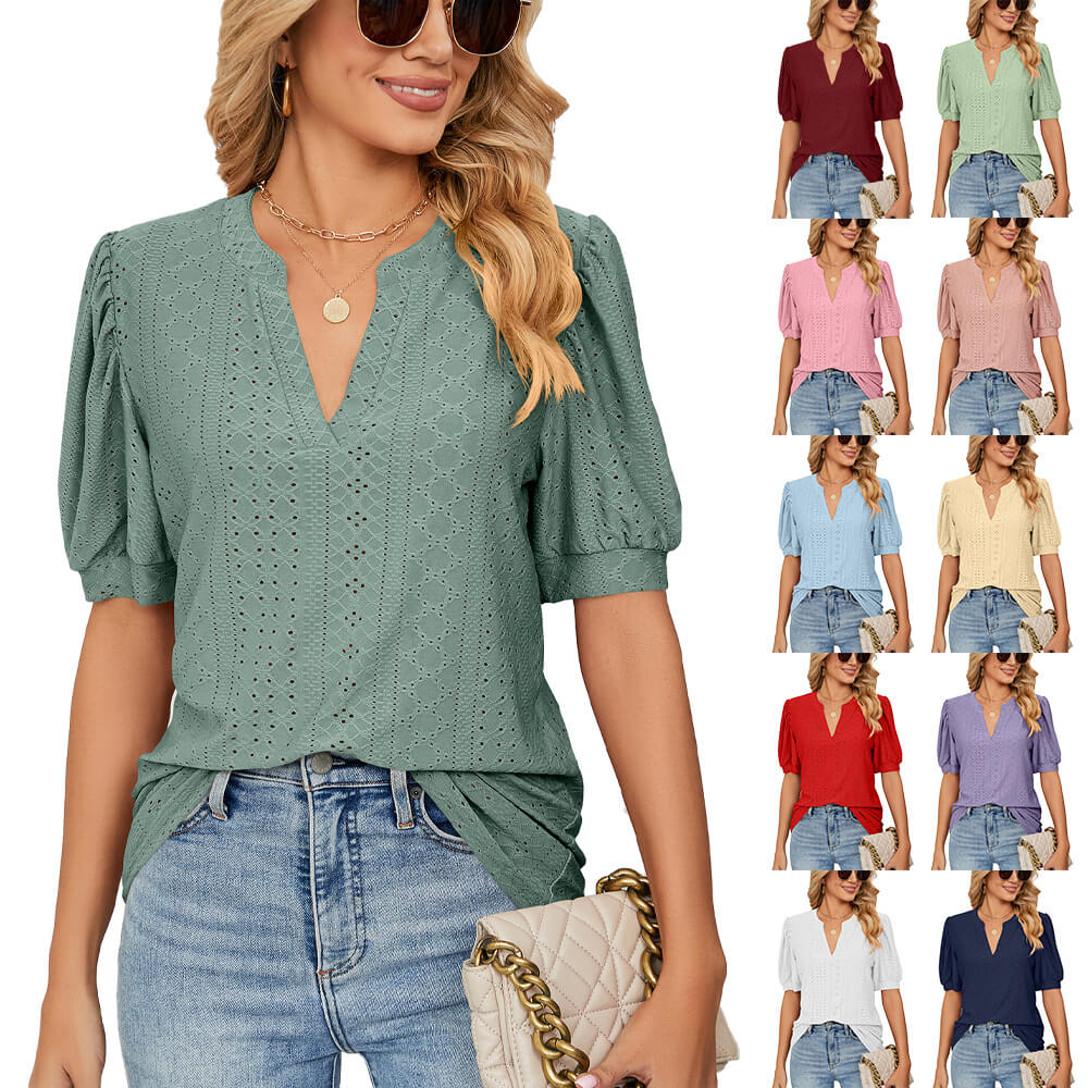 Loose Solid Color T-Shirt Top with Hollow Bubble Sleeves