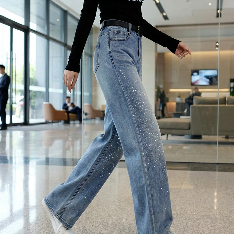 Women's Sparkling High-Waist Straight-Leg Denim Pants