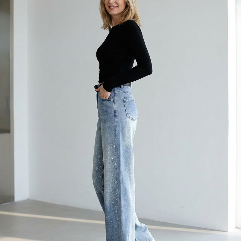 Women's Sparkling High-Waist Straight-Leg Denim Pants
