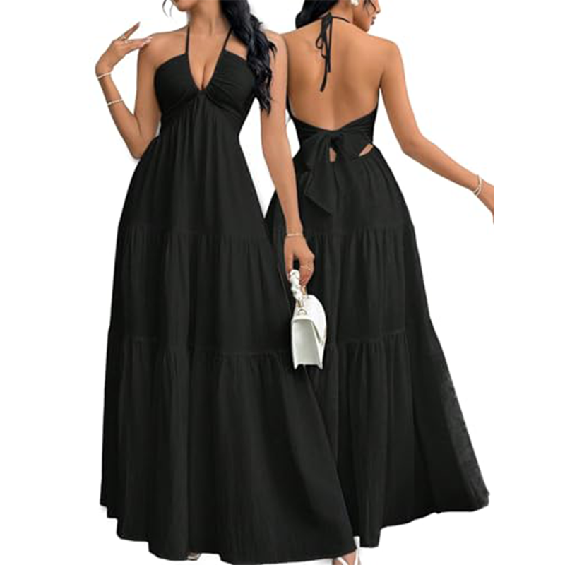 Halter Neck Backless Tiered Maxi Dress