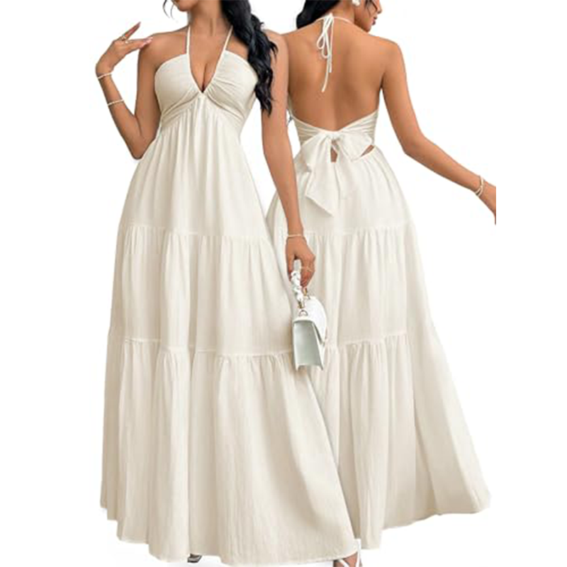 Halter Neck Backless Tiered Maxi Dress