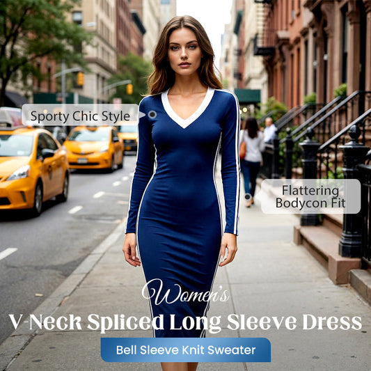 Women's Casual V-Neck Spliced Long Sleeve Bodycon Dress – Sporty Stripe Detail & Flattering Fit for Every Season! 🌟