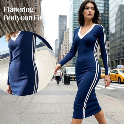 Women's Casual V-Neck Spliced Long Sleeve Bodycon Dress – Sporty Stripe Detail & Flattering Fit for Every Season! 🌟
