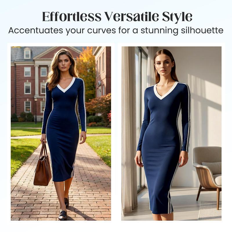 Women's Casual V-Neck Spliced Long Sleeve Bodycon Dress – Sporty Stripe Detail & Flattering Fit for Every Season! 🌟