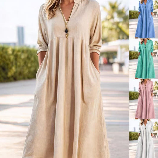 Women's Casual V-Neck Midi Dress with Pockets