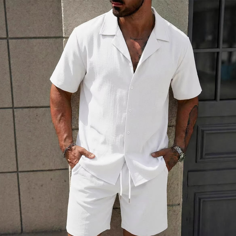 Men's Casual Solid Color Top & Drawstring Shorts Set