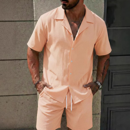 Men's Casual Solid Color Top & Drawstring Shorts Set