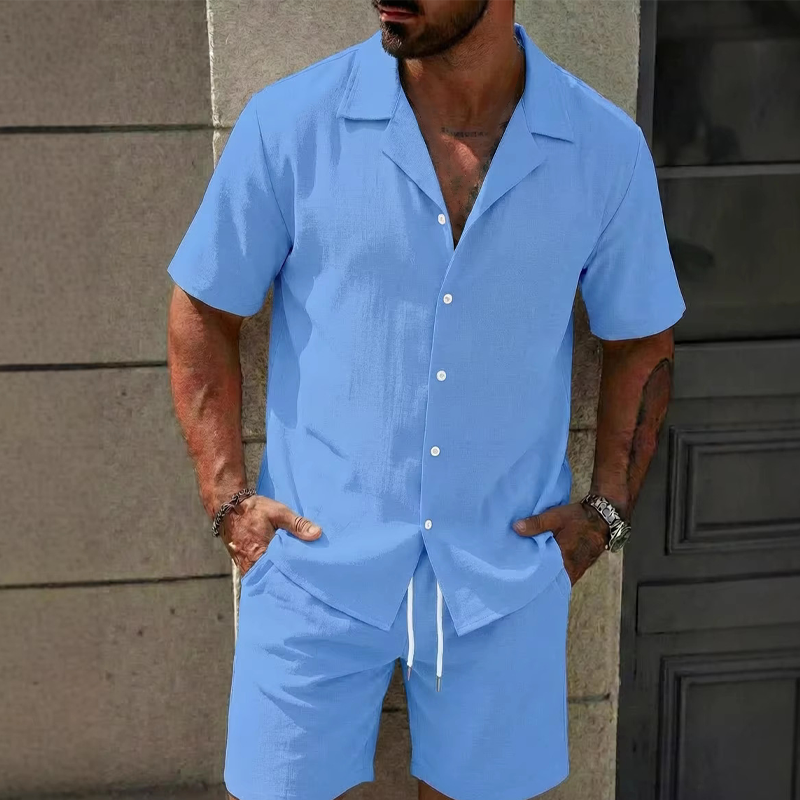 Men's Casual Solid Color Top & Drawstring Shorts Set