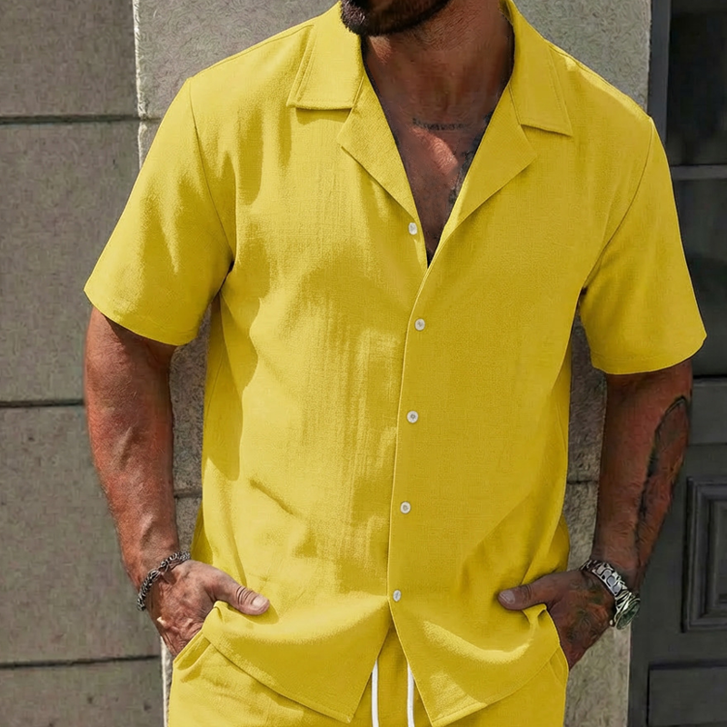 Men's Casual Solid Color Top & Drawstring Shorts Set