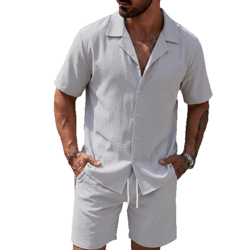 Men's Casual Solid Color Top & Drawstring Shorts Set
