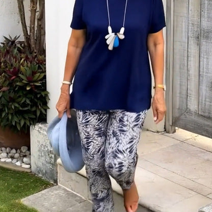 Solid Color Top + Tie-Dye Pants Set