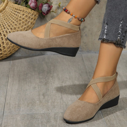 Elegant Solid Color Elastic Strap Low Wedge Shoes