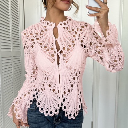 Elegant Hollow-Out Lace Blouse with Bell Sleeves