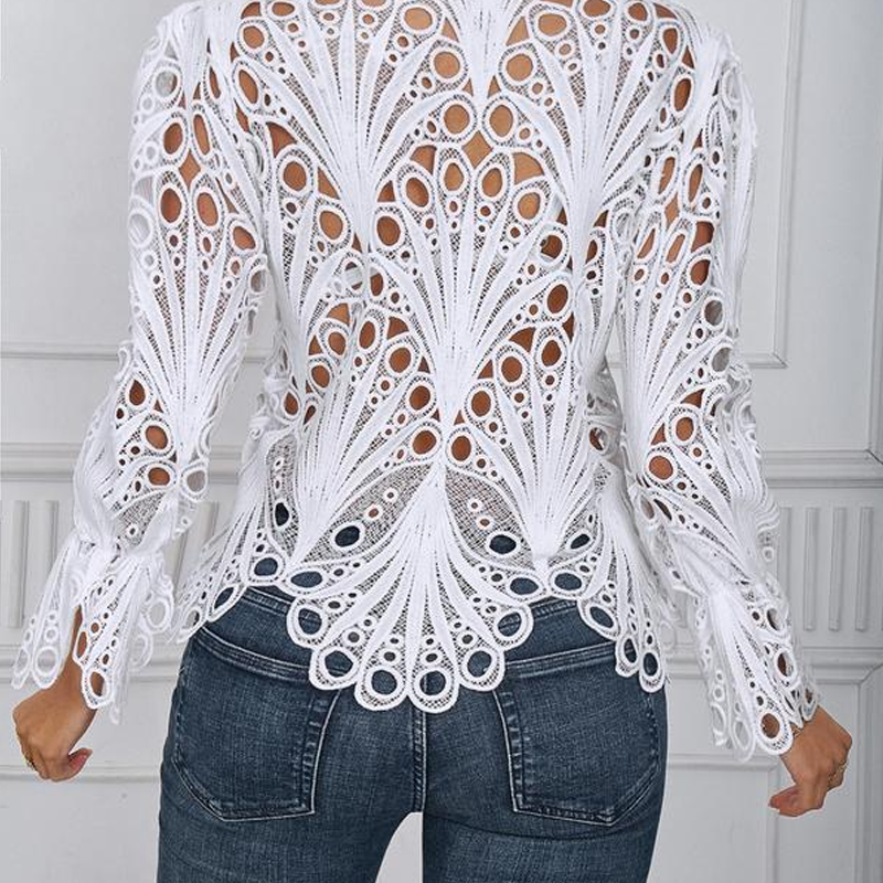 Elegant Hollow-Out Lace Blouse with Bell Sleeves