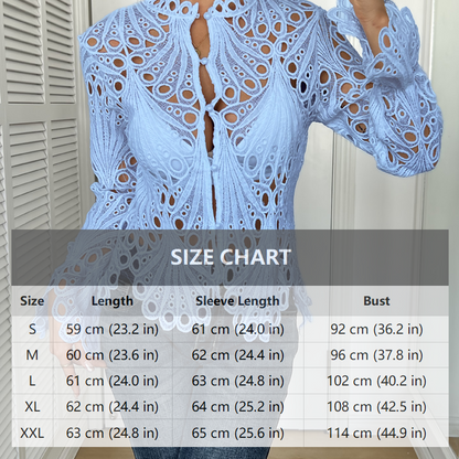 Elegant Hollow-Out Lace Blouse with Bell Sleeves