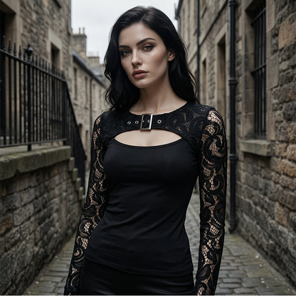 Women's Sexy Cutout Lace Sleeve Top – Edgy Buckle Detail, Stretch Fit & Romantic Sheer Sleeves 🔥🖤