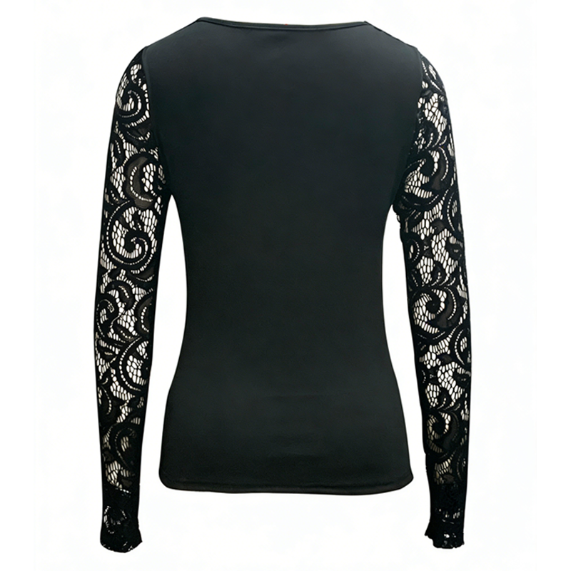 Women's Sexy Cutout Lace Sleeve Top – Edgy Buckle Detail, Stretch Fit & Romantic Sheer Sleeves 🔥🖤