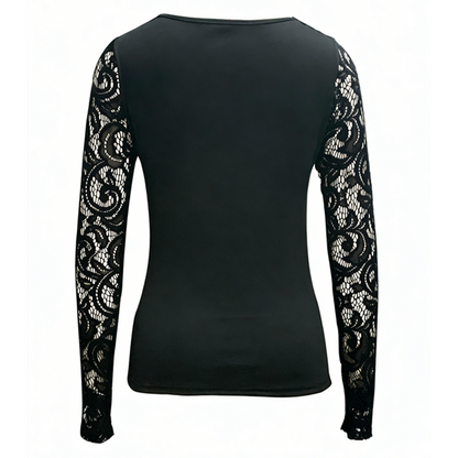 Women's Sexy Cutout Lace Sleeve Top – Edgy Buckle Detail, Stretch Fit & Romantic Sheer Sleeves 🔥🖤