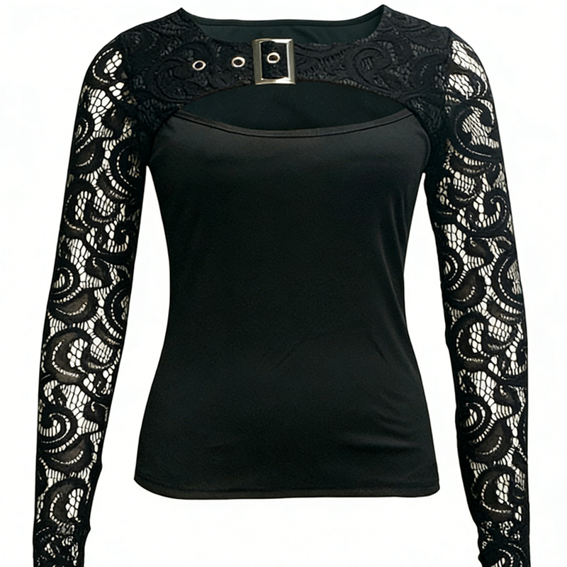 Women's Sexy Cutout Lace Sleeve Top – Edgy Buckle Detail, Stretch Fit & Romantic Sheer Sleeves 🔥🖤