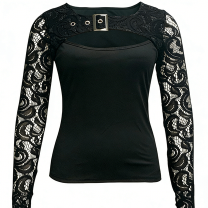 Women's Sexy Cutout Lace Sleeve Top – Edgy Buckle Detail, Stretch Fit & Romantic Sheer Sleeves 🔥🖤