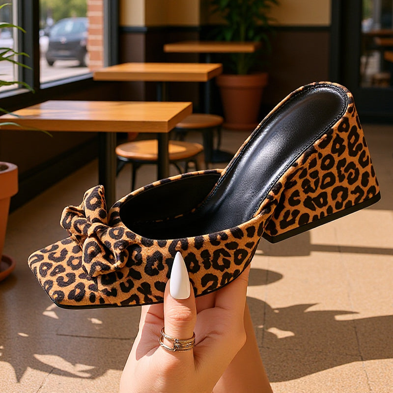Square Toe Leopard Slip-On Heeled Sandals