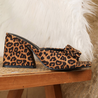 Square Toe Leopard Slip-On Heeled Sandals