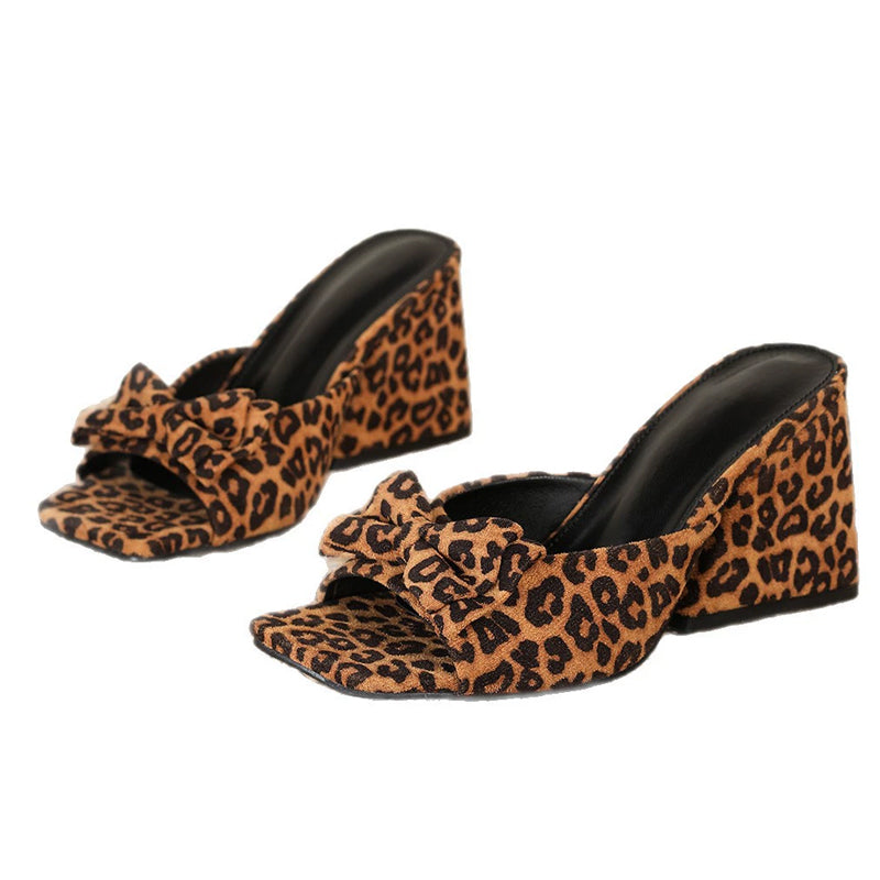 Square Toe Leopard Slip-On Heeled Sandals