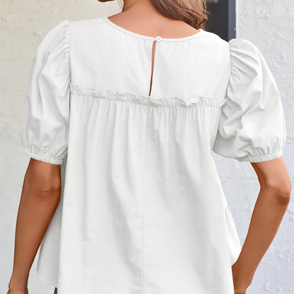Women's Puff Sleeve Smocked Peplum Top – Romantic Fit, Flowy Tiered Hem & Chic White Style 👗