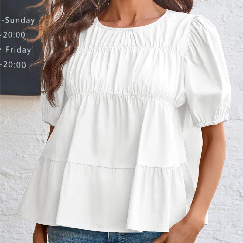 Women's Puff Sleeve Smocked Peplum Top – Romantic Fit, Flowy Tiered Hem & Chic White Style 👗