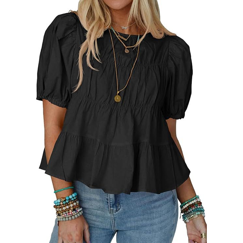 Women's Puff Sleeve Smocked Peplum Top – Romantic Fit, Flowy Tiered Hem & Chic White Style 👗