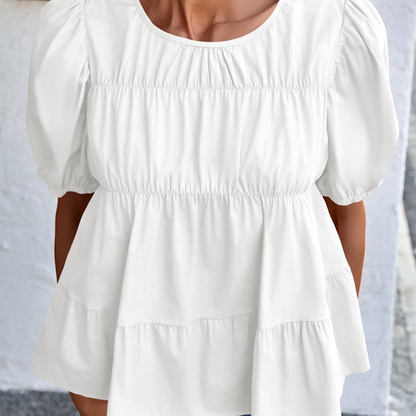 Women's Puff Sleeve Smocked Peplum Top – Romantic Fit, Flowy Tiered Hem & Chic White Style 👗