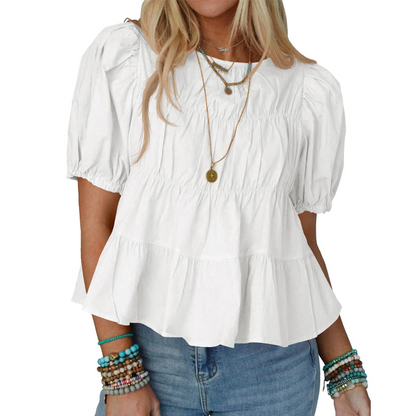 Women's Puff Sleeve Smocked Peplum Top – Romantic Fit, Flowy Tiered Hem & Chic White Style 👗