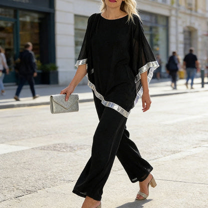 Elegant Sequin Trim Poncho Top & Wide-Leg Pants Set