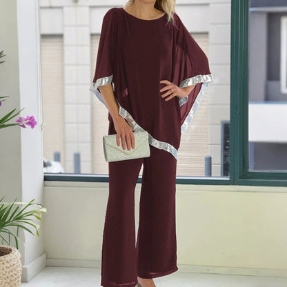 Elegant Sequin Trim Poncho Top & Wide-Leg Pants Set