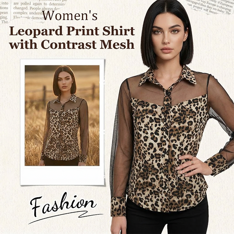 Women's Leopard Print Shirt with Contrast Mesh – Long Sleeve, Flattering Fit & Office-to-Evening Versatility
