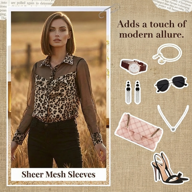 Women's Leopard Print Shirt with Contrast Mesh – Long Sleeve, Flattering Fit & Office-to-Evening Versatility