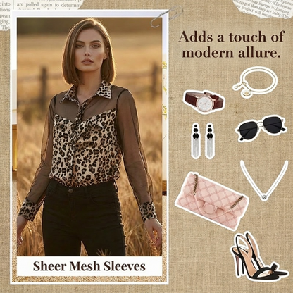 Women's Leopard Print Shirt with Contrast Mesh – Long Sleeve, Flattering Fit & Office-to-Evening Versatility