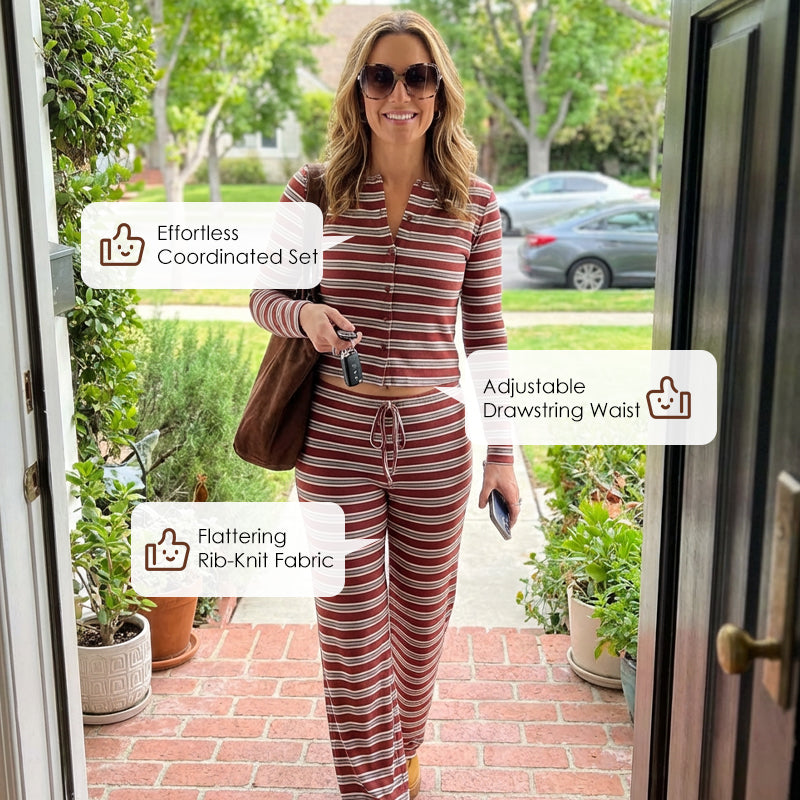 Women's Striped Knit 2-Piece Set – Soft Stretch Knit Fabric, Classic Striped Pattern, Effortless Matching & Versatile 🧶